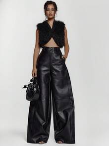 MUSERA 仿皮阔腿中腰裤 性感外出夜游冬季街头风晚宴派对情人节裤