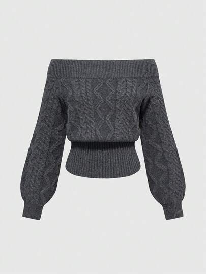 pull à manches lanternes, épaules dénudées, motif floral gris épais et tricoté en forme de Z, romantique