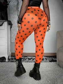 Whyspr Grunge Punk Plus Size Polka Dot Mesh Sheer Elastic Halloween Leggings - Orange - View 2