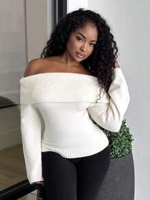 Alexandranx Off Shoulder Fold Over Sweater,Long Sleeve Tops Knit Pullover Fall Winter Outfit - Beige - View 1