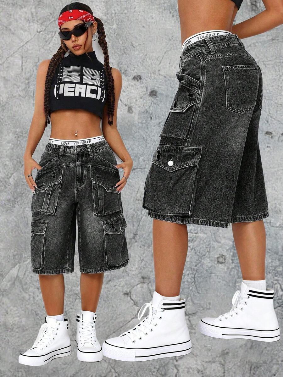 SHEIN ICON 女性休閒日常牛仔短褲，設有口袋設計 - 深灰色 - 查看 1