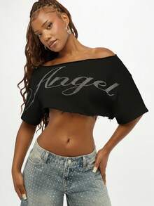 SUMWON WOMEN 水钻文字露肩短款上衣 毛边休闲夏季节日派对时尚个性短款 T 恤 - 黑色 - 查看 6