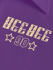 INAWLY 女式字母印花纽扣休闲百搭短袖T恤 - 紫羅蘭色 - 查看 4