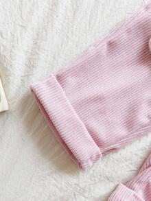 Vintaside Kids 2件套女婴纯色长袖上衣和兔子装饰无袖围兜裤连体衣 - 彩色 - 查看 6