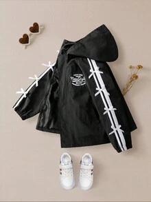Chaqueta informal de manga larga con gráfico en inglés, ribete a rayas y decoración de lazo para niñas Genkimix - Negro - Ver 1