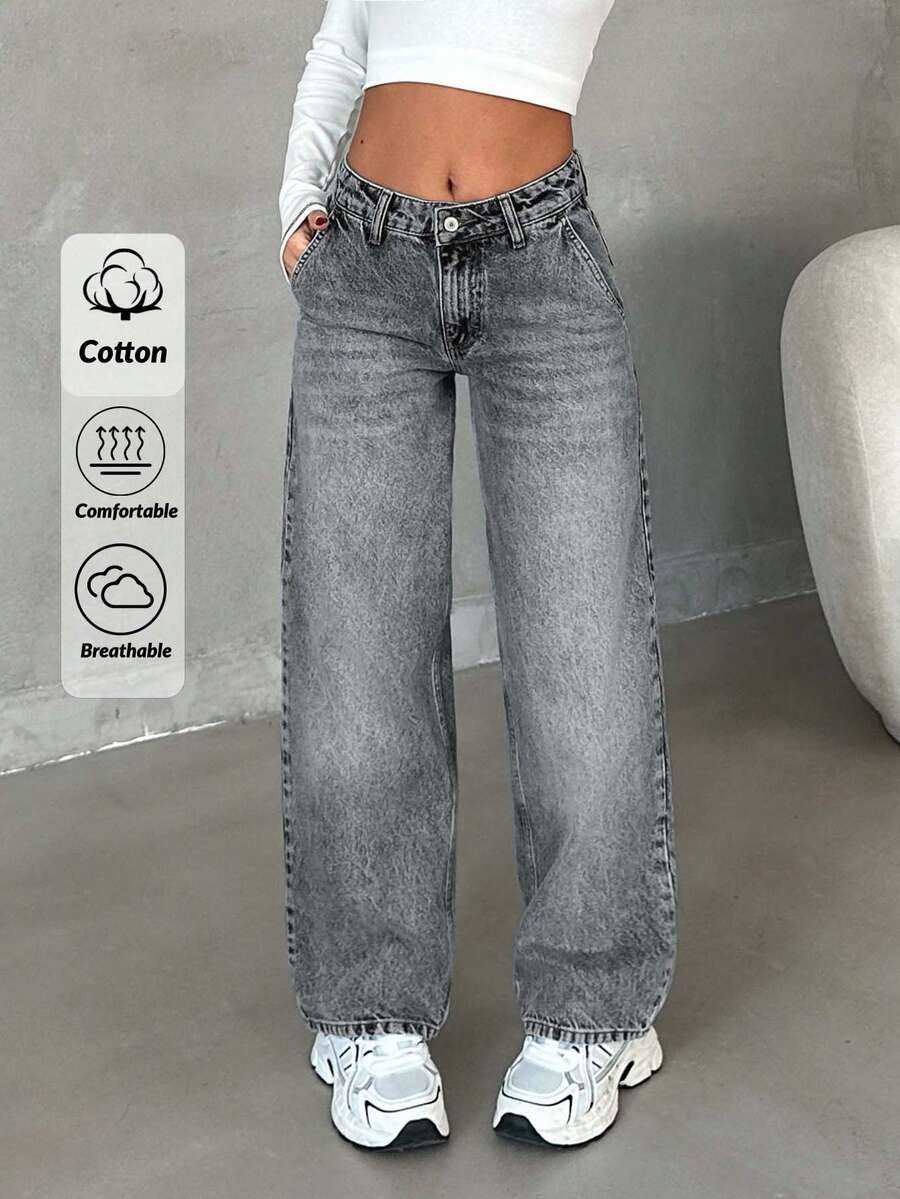 EURMUSE Petite Low Waist Snow Wash Straight Jean - Grey - View 1
