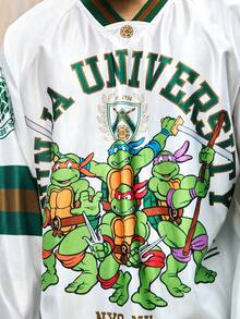 ROMWE MEN TEENAGE MUTANT NINJA TURTLES X ROMWE 男士休闲拼色海龟印花V领长袖T恤，秋季 - 白色 - 查看 7