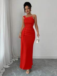 Rafferiza Women's Beaded Ruched Waist Bodycon Dress - Red - View 3