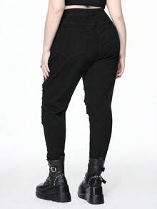 ROMWE Goth Vintage Washed Black Versatile High Stretch Spider Web Hollow Out Design Skinny Slim Fit Jeans - Black - View 6