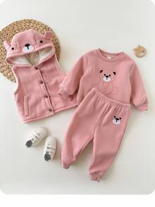 3 pièces Ensemble de vêtements pour bébé fille avec capuche, motif de dessin animé mignon, pantalon à taille élastique et gilet à capuche, automne/hiver - Rose bonbon - Voir 3