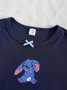 2 件女童海军蓝罗纹面料印花蝴蝶结上衣，搭配海军蓝和白色格子宽松裤，可爱休闲睡衣套装 - 彩色 - 查看 6