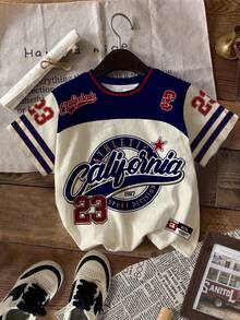 SHEIN 青少年女孩休闲复古字母和数字徽章图案 T 恤，运动学院风短袖圆领 T 恤，适合夏季，基本款，轻松运动，运动风格，舒适编辑，字母 T 恤，休闲舒适，蓝白相间，秋季 T 恤，简约时尚，永恒服装