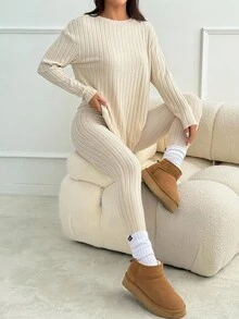 SHEIN PETITE 落肩罗纹针织T恤和紧身裤纹理面料两件套