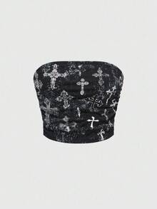 ROMWE Grunge Punk Top de tubo arrugado con estampado de cruz para mujer - Negro - Ver 1