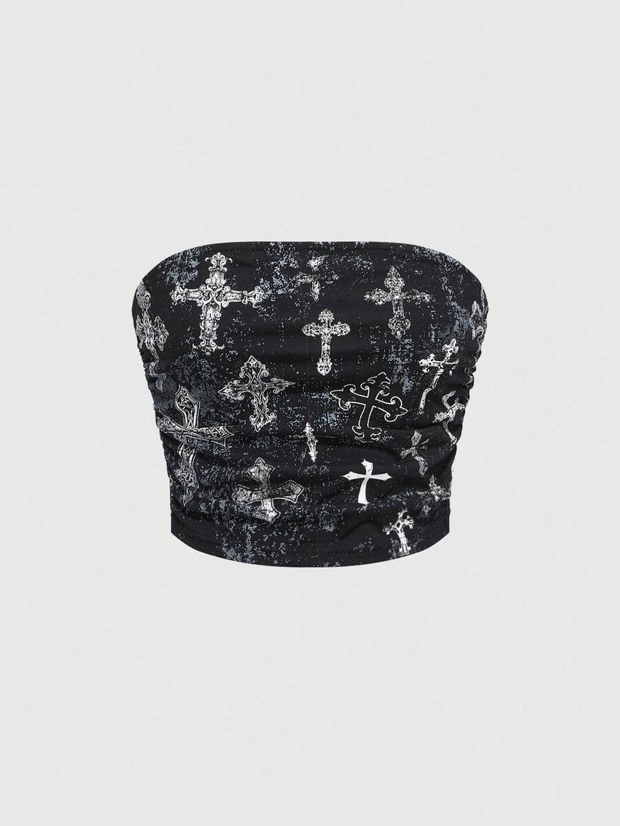 ROMWE Grunge Punk Top de tubo arrugado con estampado de cruz para mujer - Negro - Ver 1