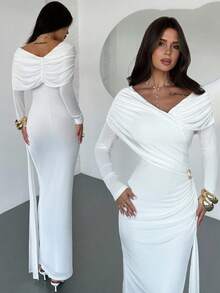 Firerie 女士休闲优雅金属装饰白色长袖连衣裙/派对礼服/新年礼服/优雅派对礼服/闪亮派对魅力礼服/约会礼服/缪斯礼服/女士秋季连衣裙/新年服装/婚礼宾客礼服/舞会礼服/女士奢华晚礼服 - 白色 - 查看 2