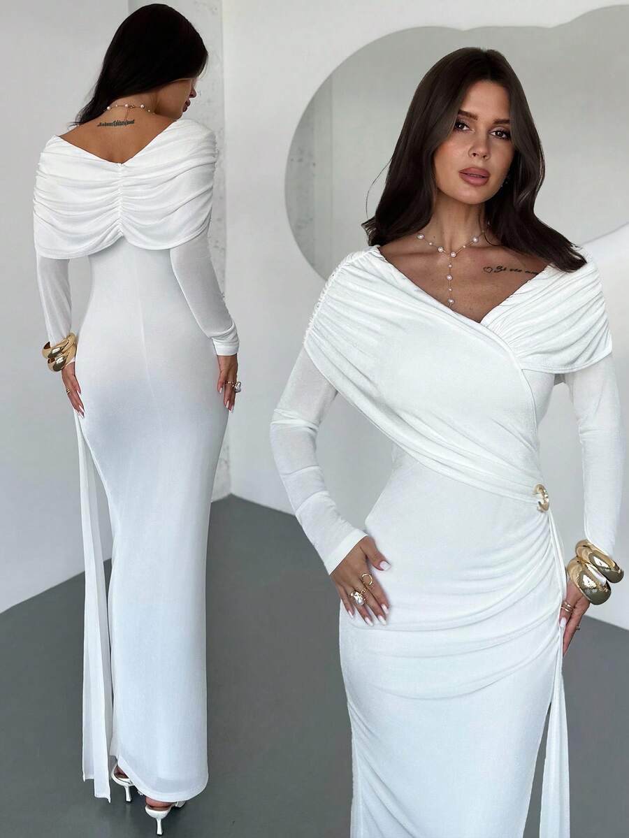 Firerie 女士休闲优雅金属装饰白色长袖连衣裙/派对礼服/新年礼服/优雅派对礼服/闪亮派对魅力礼服/约会礼服/缪斯礼服/女士秋季连衣裙/新年服装/婚礼宾客礼服/舞会礼服/女士奢华晚礼服