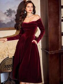 Vintamour 复古优雅女式天鹅绒连衣裙，带口袋，长袖派对/节日/鸡尾酒会礼服，女式秋季服装，万圣节服装，冬装，圣诞冬装，女式秋季服装，女式万圣节服装，女式圣诞服装，圣诞派对礼服，新年礼服，女式感恩节服装，优雅派对礼服 - 酒紅色 - 查看 7