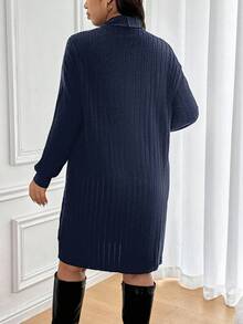 SHEIN Frenchy 大码女式纯色立领落肩休闲罗纹宽松连衣裙 - 藏蓝色 - 查看 5