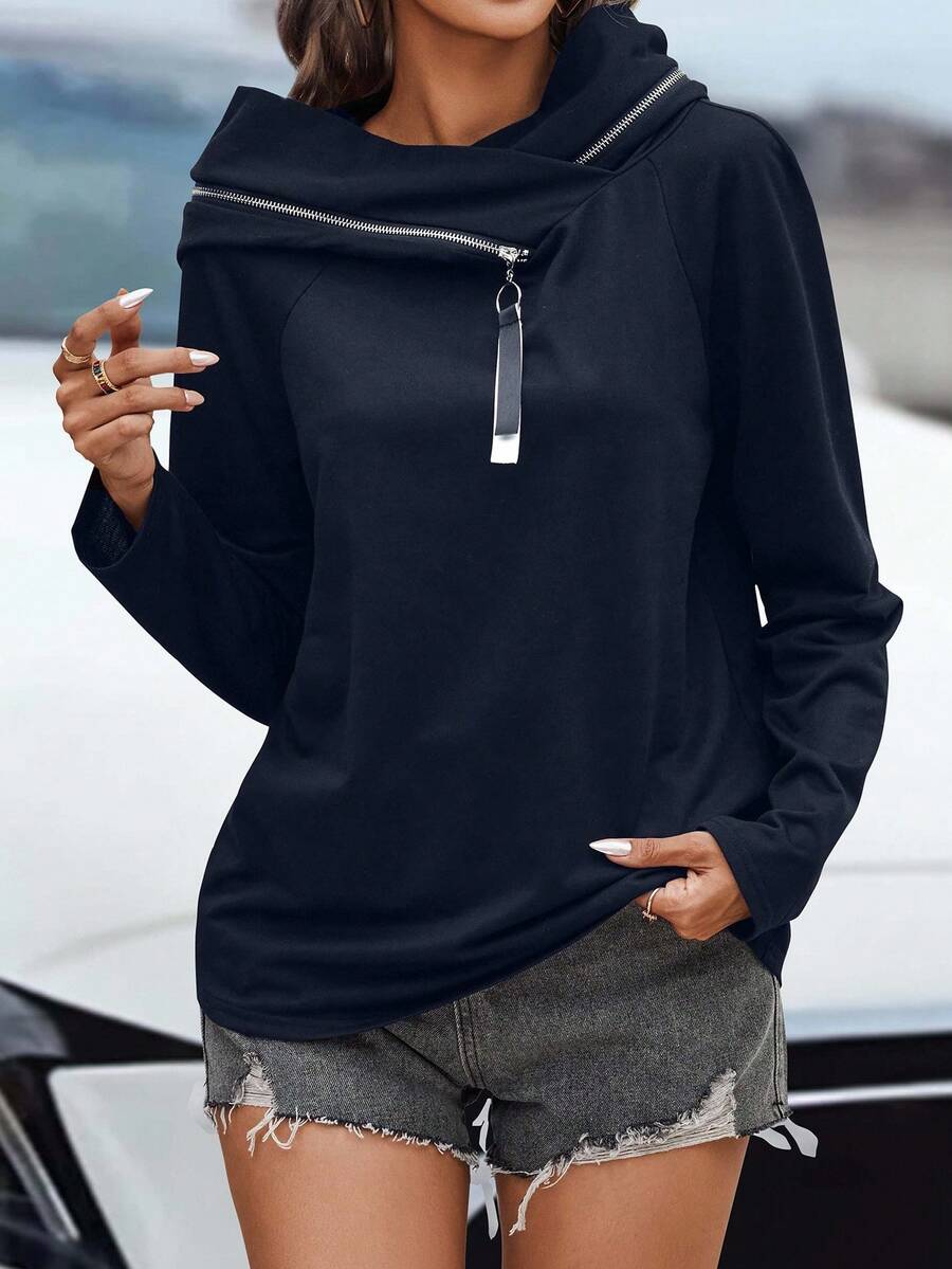 SHEIN LUNE Women's Solid Color Zipper Design Raglan Sleeve Casual Hoodie, Autumn Fall Cloth For Women - Navy Blue - View 1