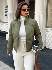 Easura Plus Size Women's Solid Color Long Sleeve Zipper Front Casual Winter Jacket Fall Autumn - Green - View 5