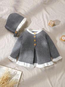 2pcs Baby/Toddler Grey Sweater Set - Long Sleeve Cardigan Jacket + Adorable Ruffled Hem & Cuff Beanie Hat