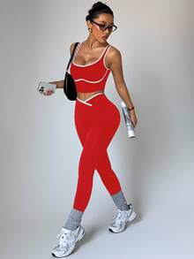 Dewbera 女士无缝撞色瑜伽运动服套装 - 紅色 - 查看 3