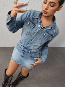 Rivivi Women's Autumn Long Sleeve Single-Breasted Pocket Bodycon Casual Denim Dress
