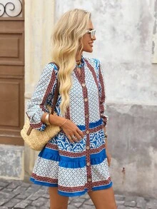 Brillora Vestido corto de mujer estilo casual de vacaciones con estampado de retazos, cuello con abertura, mangas farol, para primavera/otoño