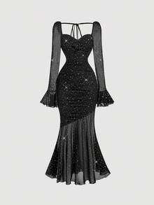 SHEIN MOD 女士黑色喇叭袖美人鱼连衣裙，适合生日、生日、2000年代风格、仙女风、节日、哥特风、婚礼宾客礼服、生日礼服、派对礼服、仙女风、外出礼服、秋季婚礼宾客礼服、亮片连衣裙 - 黑色 - 查看 3