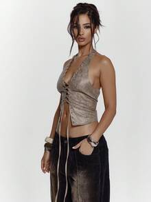 MUSERA 仿皮系带镂空露背吊带上衣，性感迷人，适合外出、夜生活、可爱街头风、度假、优雅、春夏节日等各种场合。 - 紫色 - 查看 4