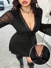 大码黑色 V 领蝴蝶结网眼连衣裙 - 黑色 - 查看 3