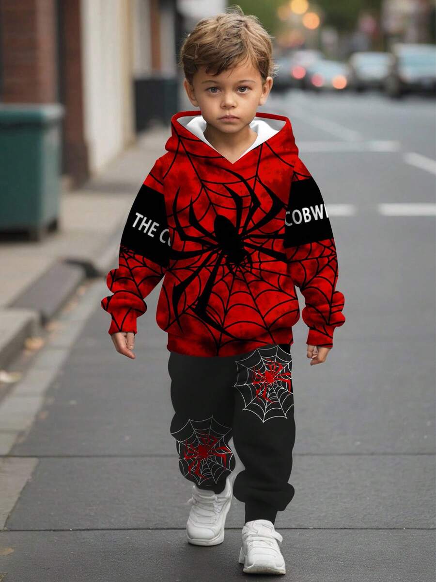 SHEIN 男婴冬季新款休闲简约蜘蛛侠英文可爱卡通扎染 Y2K 宽松舒适针织柔软连帽运动服套装，适合秋冬 - 彩色 - 查看 1