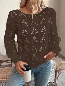 SHEIN LUNE Vacation Style Casual Hollow Floral Pattern Off Shoulder Loose Fit Pullover Sweater - Mocha Brown - View 3