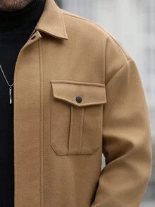 Manfinity CasualCool 男士纯色长袖拉链领口袋休闲外套，秋冬款 - 咖啡棕 - 查看 6