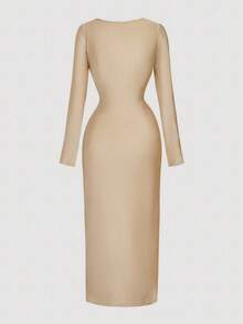 SHEIN MOD Solid Color Asymmetrical Neckline Ruched Twist Long Dress - Champagne - View 2