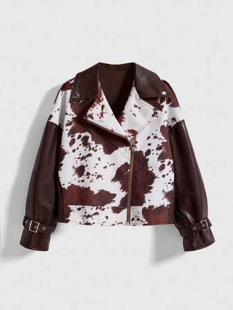 Hippie Chaqueta de cuero de mujer con parches de piel sintética de estampado animal en estilo retro Y2K