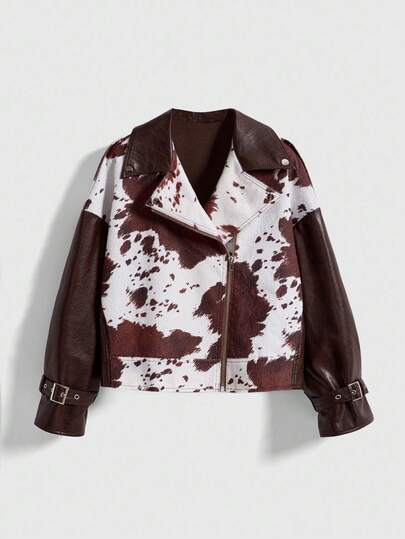 Hippie Y2K Retro Animal Print Faux Fur Patchwork Women Leather Jacket