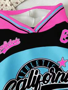 SHEIN Toddler Girls' Casual Retro Letter & Number Badge Graphic Loose Fit Crew Neck Comfortable Knit Long Sleeve Sweatshirt, Suitable For Autumn/Winter Hooded Sweatshirt Hooded Baby Girls Sweatshirts Baby Girl Sweatshirt