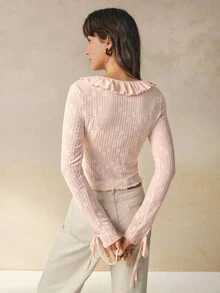 Cévolie 女式秋季新款轻盈法式荷叶边V领蕾丝修身长袖T恤 - 粉色 - 查看 2