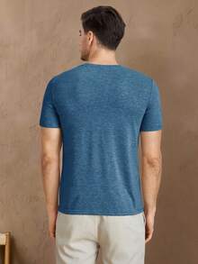 HIMLAND Men Summer Solid Color Round Neck Short Sleeve Casual T-Shirt - Blue - View 2