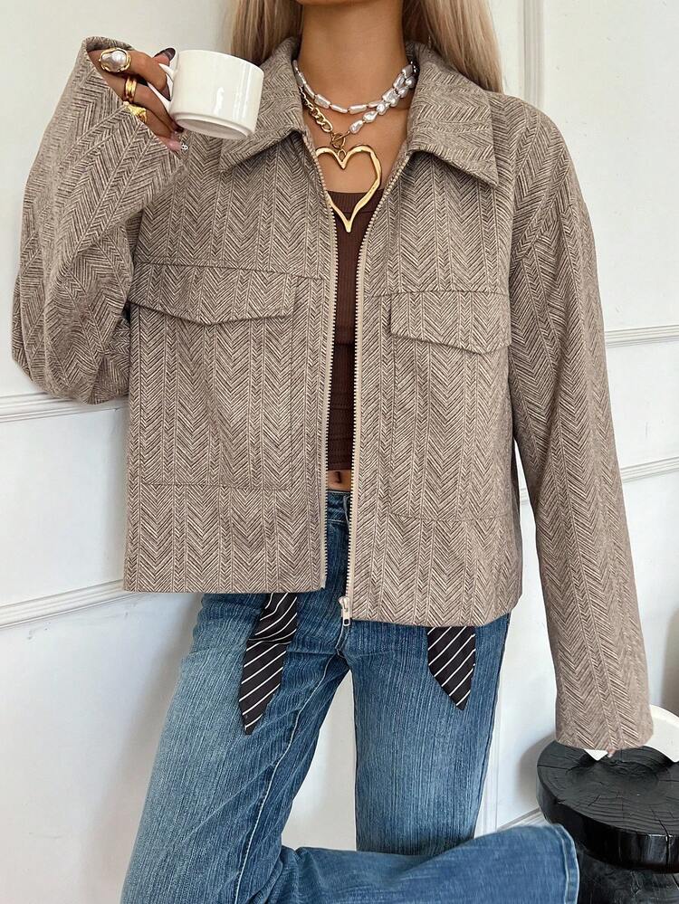Women's Turndown Collar Textured Fabric Loose Short Casual Jacket