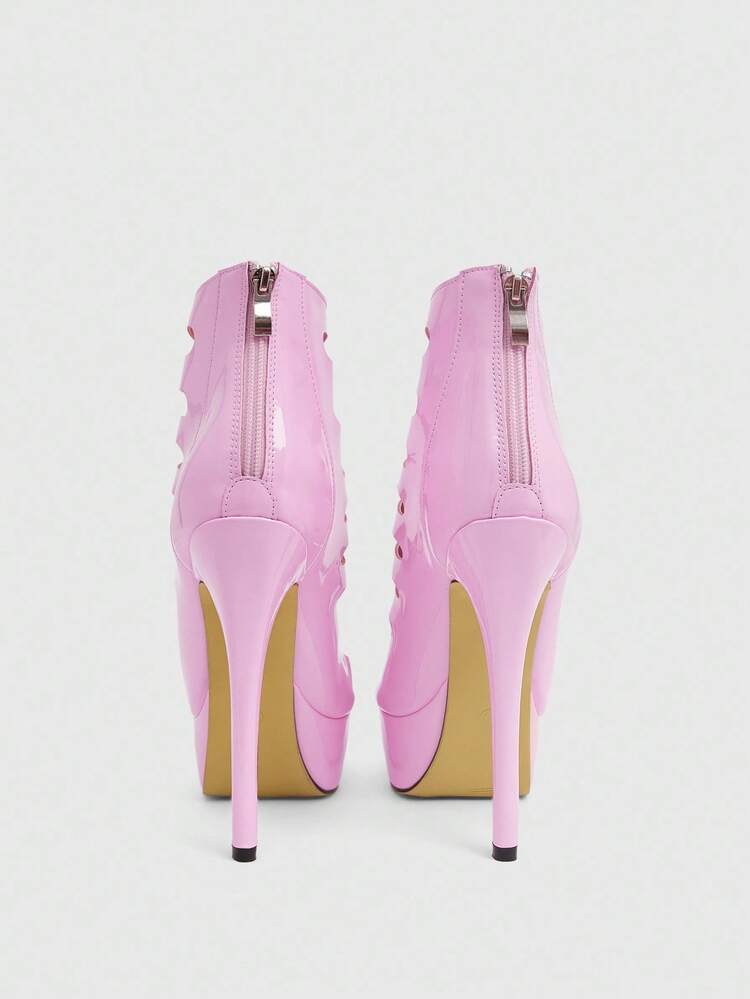 CUCCOO LuxiPop Sexy Fashion Hollow Round Head High Water Table Stiletto Casual Versatile Rear Zipper Pink Women's Short Boots