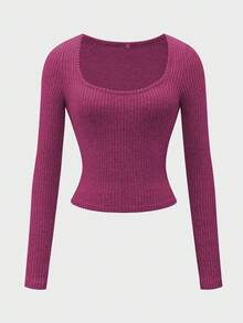 Chiquease Women's Sexy U-Neck Solid Color Ribbed Cropped Long Sleeve T-Shirt - Red Violet - View 6