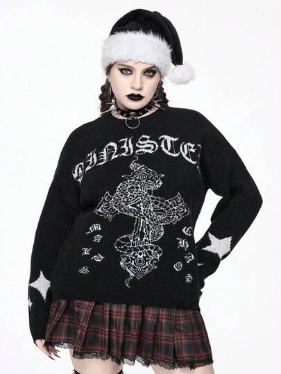 Pullover gothique grande taille motif croix serpent latin symbole étoile lune noir, Top de style gothique de rue grande taille pour l'automne/hiver en noir, pullover tricoté grande taille à manches longues en noir, gilet tricoté grande taille pour l'automne/hiver, vêtements grande taille pour femmes pour Halloween, Noël, vacances, style gothique, décontracté, streetwear, pull grande taille pour femmes
