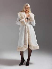 SHEIN ICON Cream-Color Faux Fur Collar Patchwork Long Tie-Waist Coat Autumn Winter - Beige - View 3