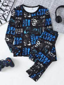 2 件套男童游戏机印花针织弹力圆领长袖上衣和裤子柔软舒适睡衣套装 - 彩色 - 查看 1