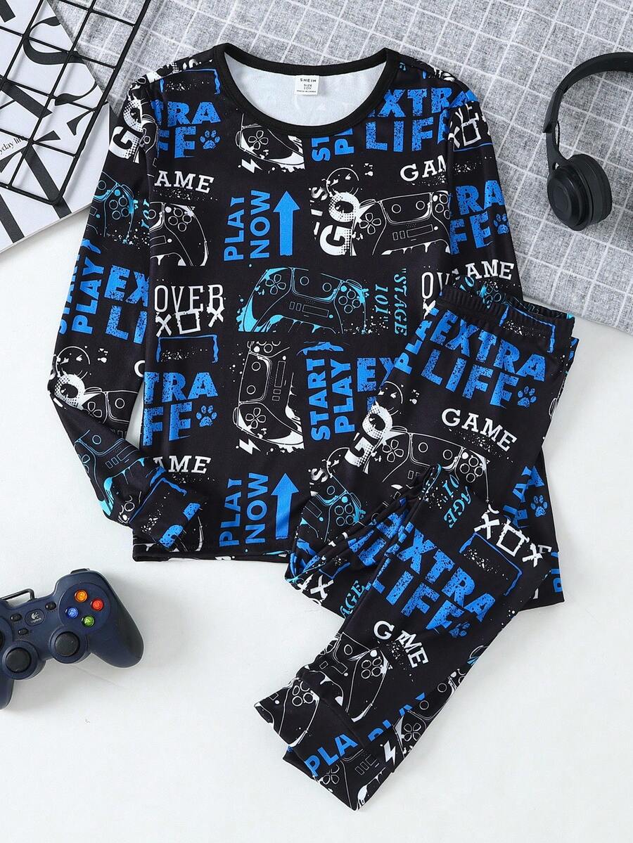 2 件套男童游戏机印花针织弹力圆领长袖上衣和裤子柔软舒适睡衣套装 - 彩色 - 查看 1