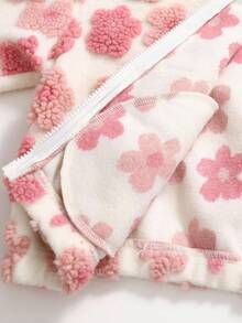 SHEIN 少女金属拉链立领口袋花卉羊羔绒纹理面料休闲通勤优雅外套夹克，秋冬 - 粉色 - 查看 14