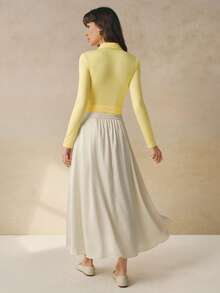 INAWLY Mono de mujer de unicolor con un solo abotonado, manga larga y cinturón en la cintura, de uso casual - Amarillo - Ver 2